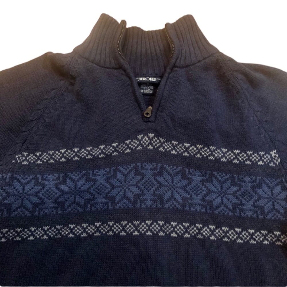 Cherokee Blue Snowflake Patterned Quarter Zip Knit Sweater, Medium